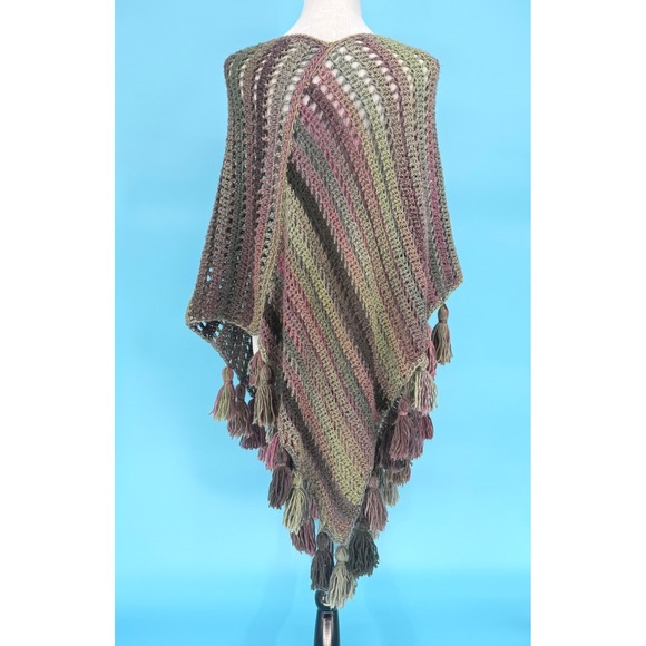Handmade? Crochet Striped Poncho VNeck Tassel Fringe Cape Boho Size Small Medium - Picture 3 of 7